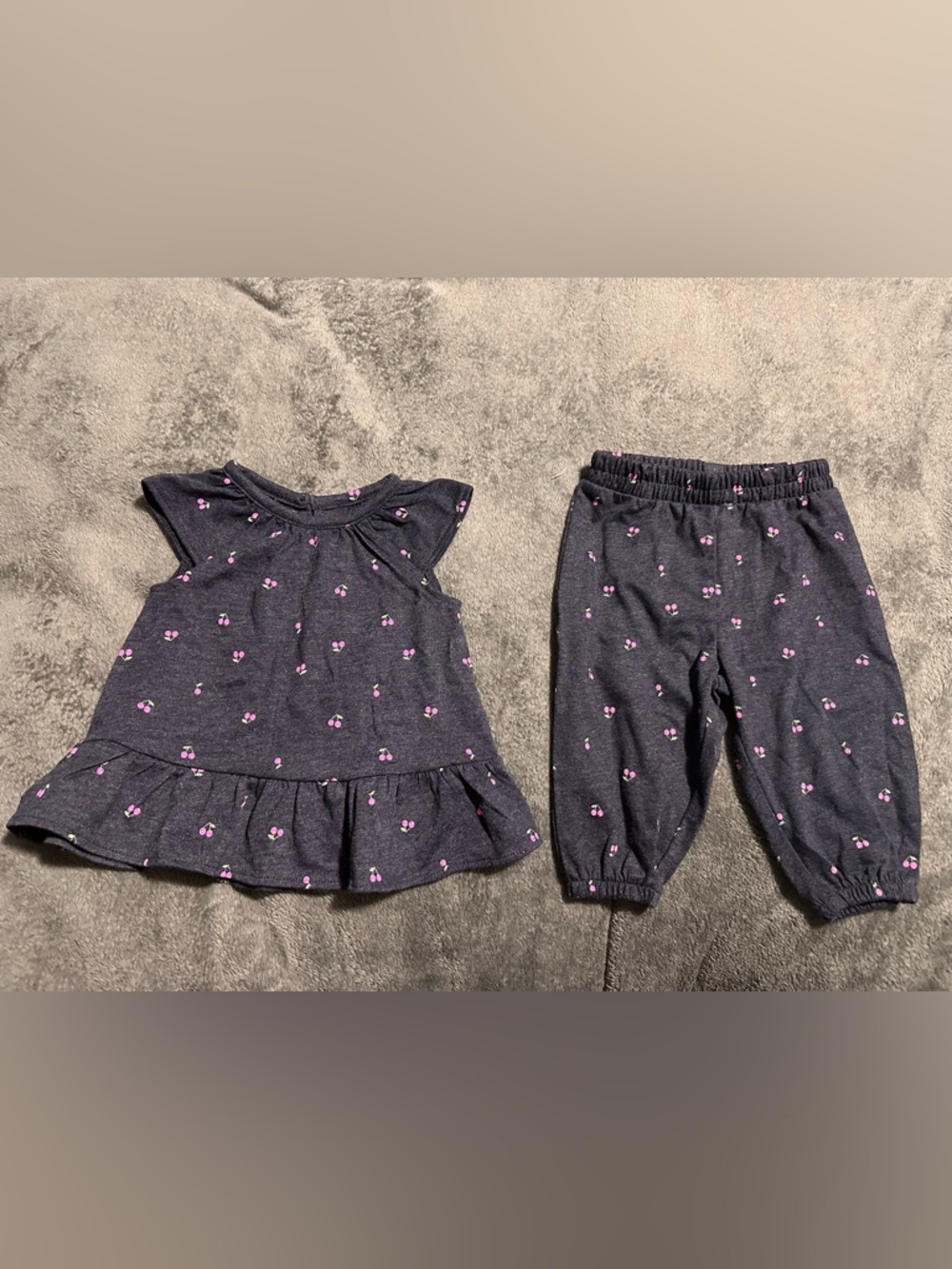 Cute George Navy Baby Top and Pants with Pink Cherry Print